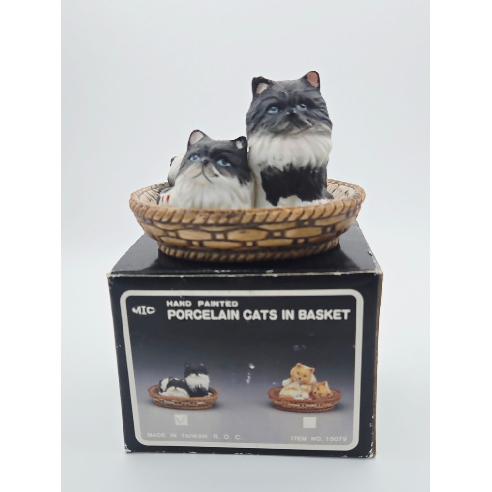 MIC Hand Painted Porcelain Persian Cats in Basket‎ Figurine Black White Vintage